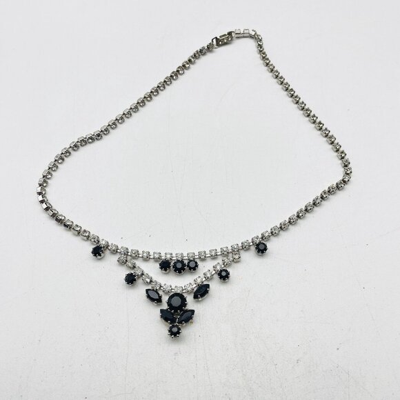 Vintage Black Rhinestone Necklace Silver Tone Choker Evening Jewelry - Picture 2 of 9